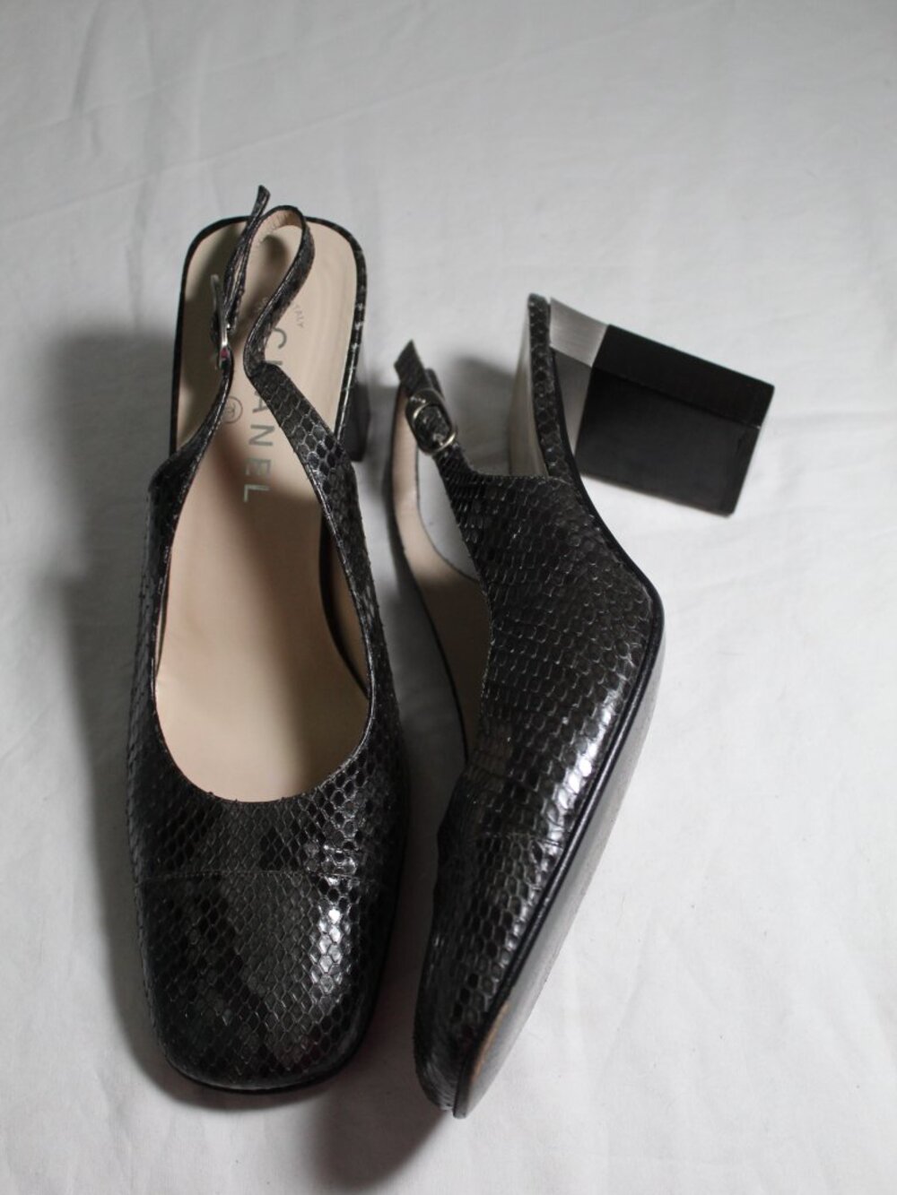 Chanel Vintage Snakeskin Print Cap Toe Slingback Heels Square Toe Pumps 40